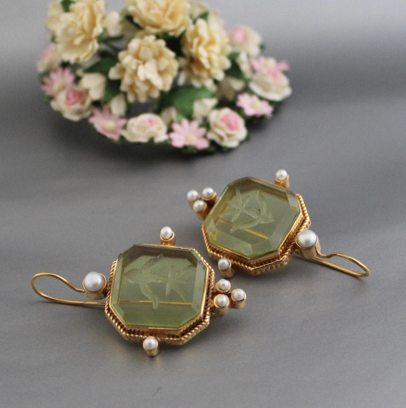Green square intaglio earrings with pearl drops in an Art Deco style