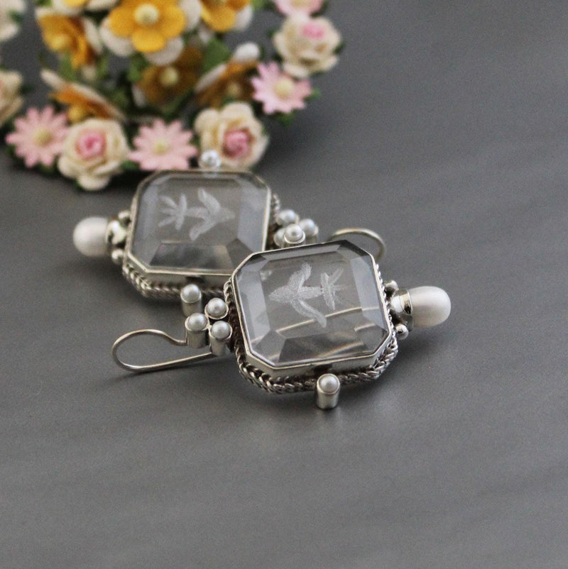 Clear square intaglio bridal earrings in gold