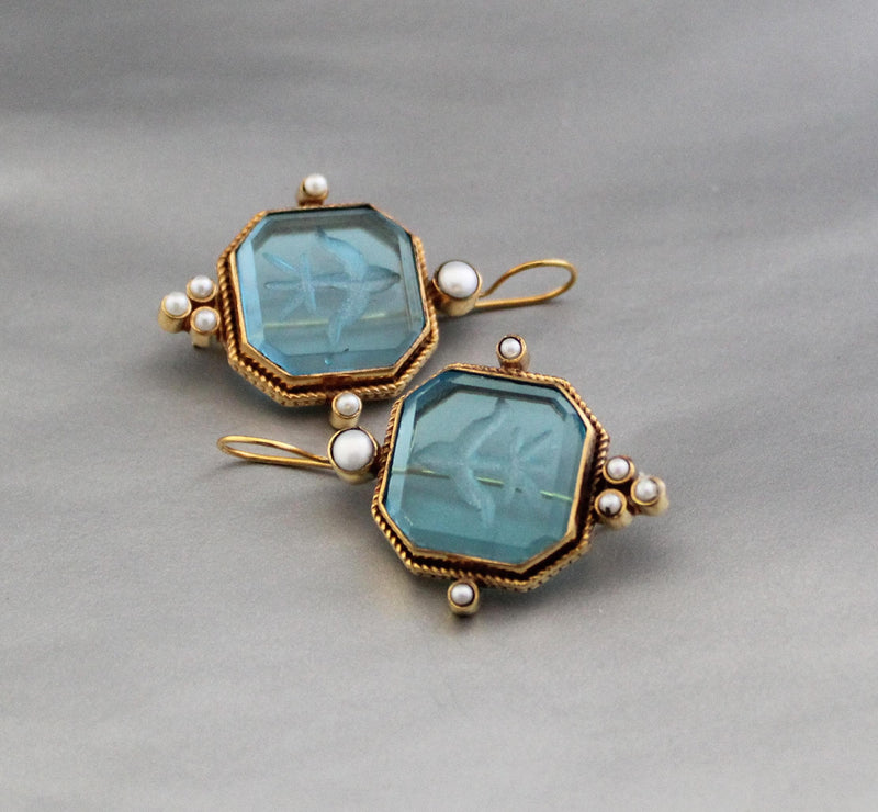 Blue square intaglio earrings in a gold frame
