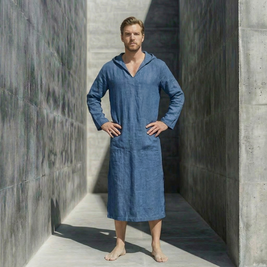 Navy Blue Hooded Linen Lounge Dress