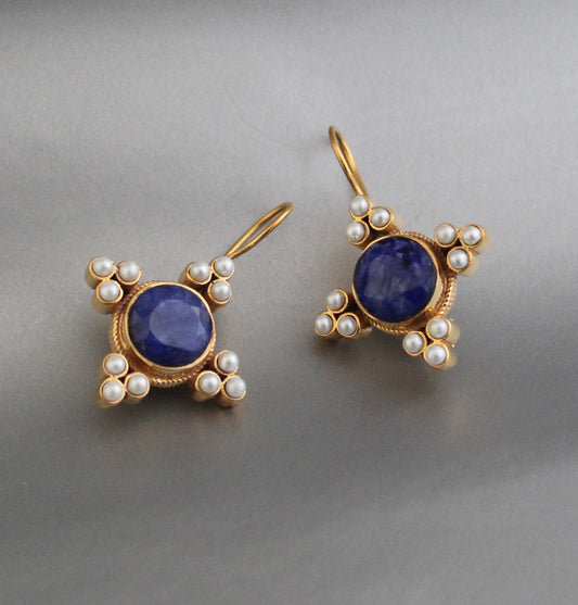 Pearl Art Deco Earrings, Blue Sapphire Earrings
