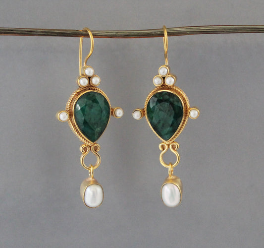 Green Earrings, Emerald Vintage Earrings, Edwardian Pearl Earring
