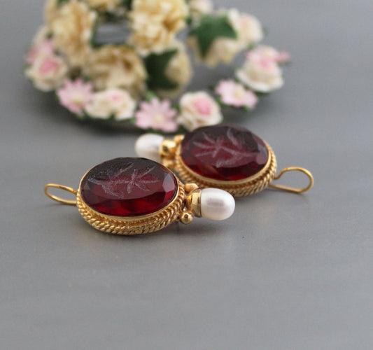 Red Intaglio Earrings, art deco Jewelry