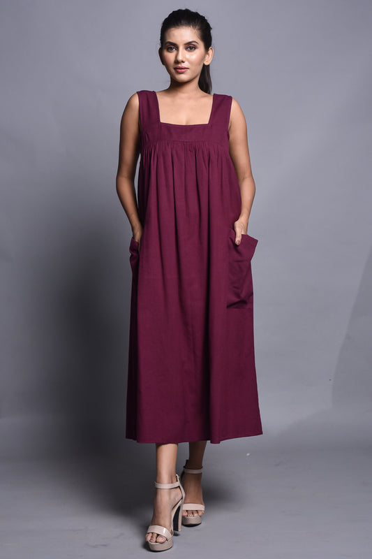 Wine Sleeveless Midi Dress with Square Neck and Box Pleats
