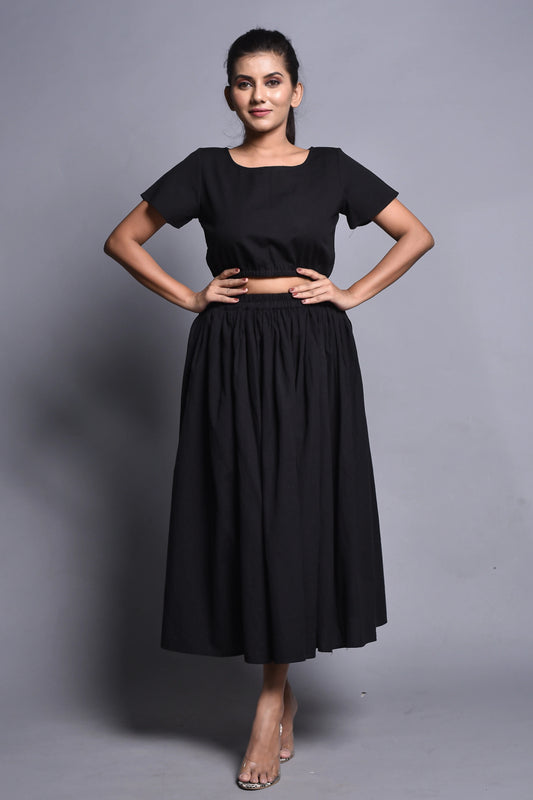 Black Mid-Calf Flared Skirt with Elasticated Waistband