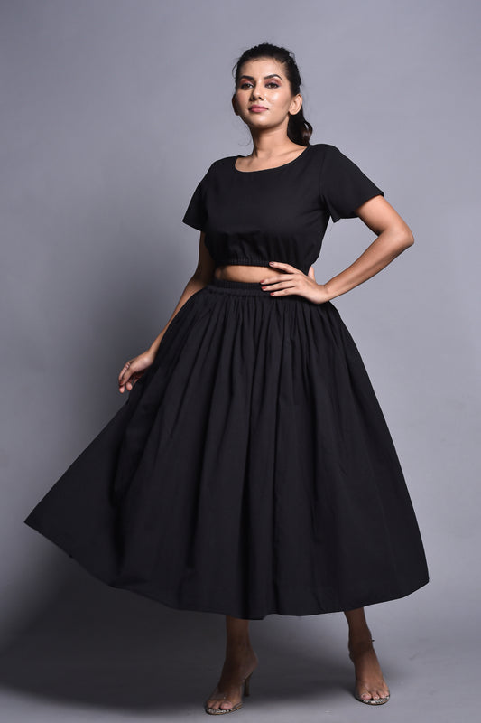 Black Cropped Blouse with Elbow Sleeves and Soft Square Neckline