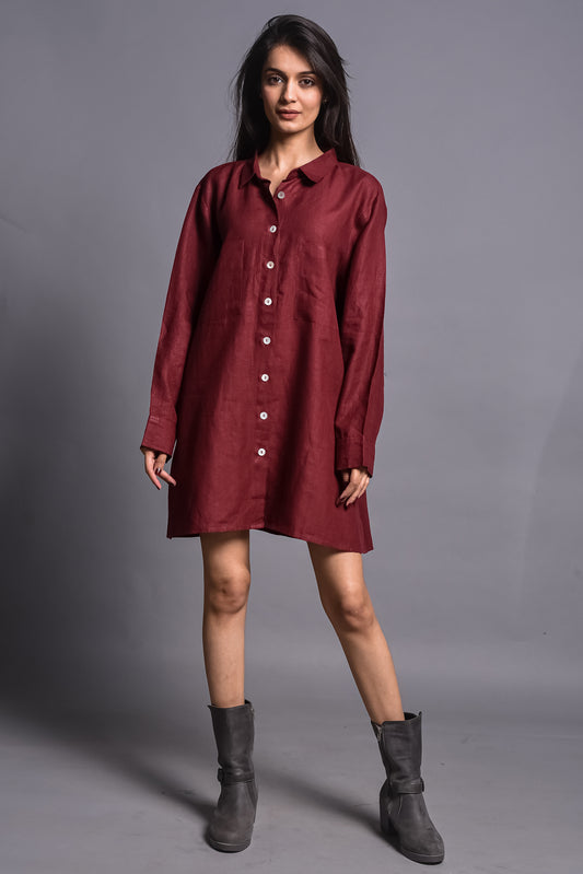 Garnet Linen Shirt Dress with Full Button Placket