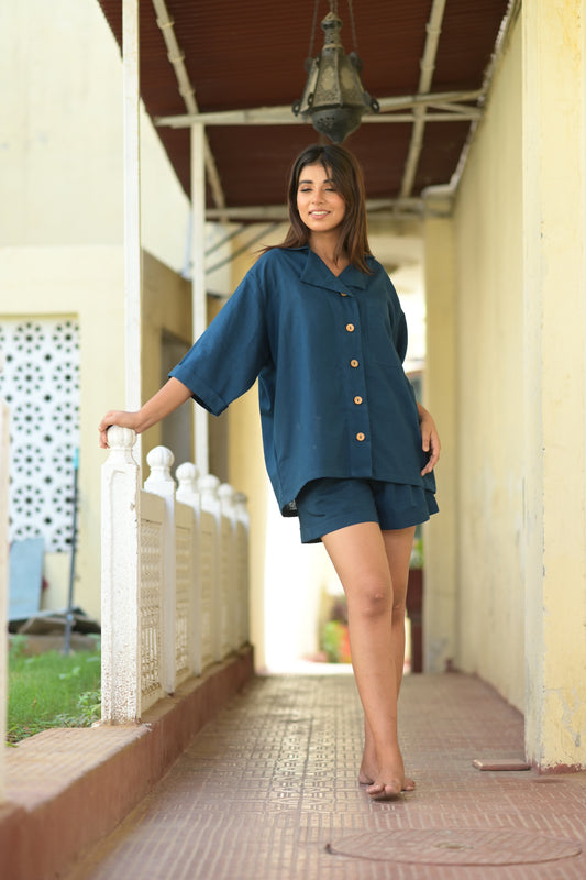 Blue Teal Relaxed Fit Linen Shirt with Wooden Buttons