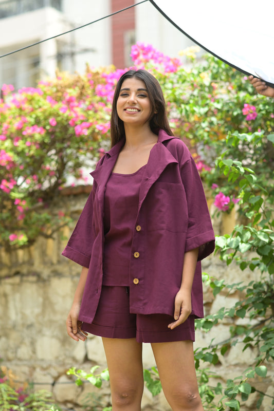 Wine 3-Piece Linen Co-Ord Set with Camisole, Shirt, and Shorts
