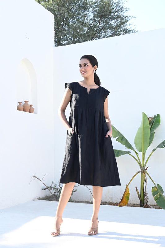 Black Midi Linen Dress with Pin-Tuck Detailing