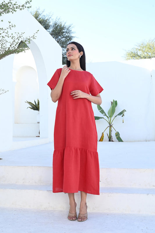 Terracotta Tiered Linen Midi Dress