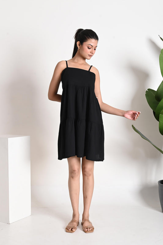 Black Tiered Mini Dress with Spaghetti Straps