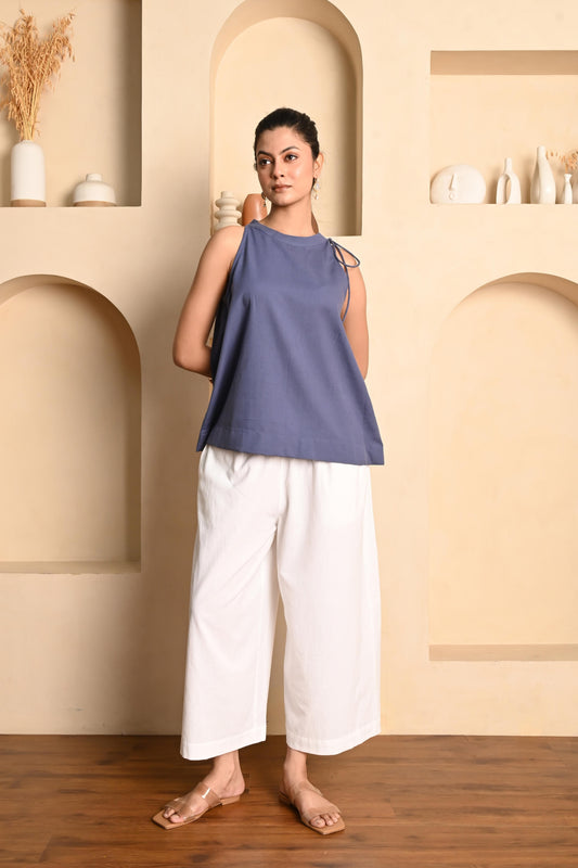 White Wide-Leg Cropped Linen Pants with Elasticated Waistband
