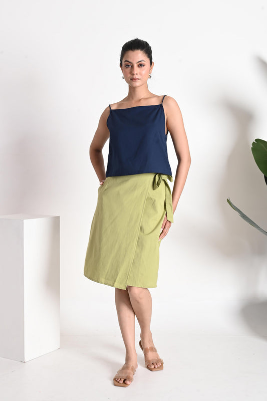 Lime Olive Wrap Linen Skirt with Side Tie Detail