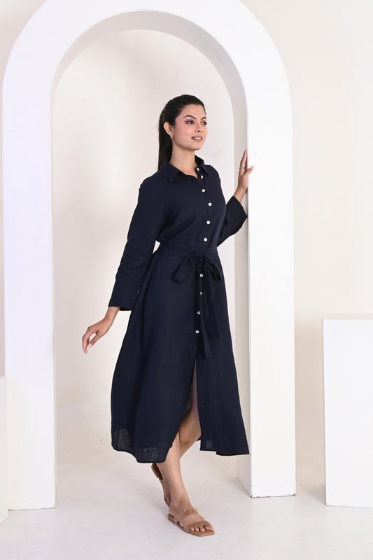 Navy Blue Midi Shirt Dress with Waist Tie and Front Slit