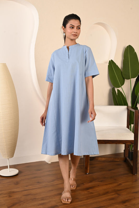 Muted Sky Blue A-Line Dress with Mandarin Collar and Elbow Sleeves