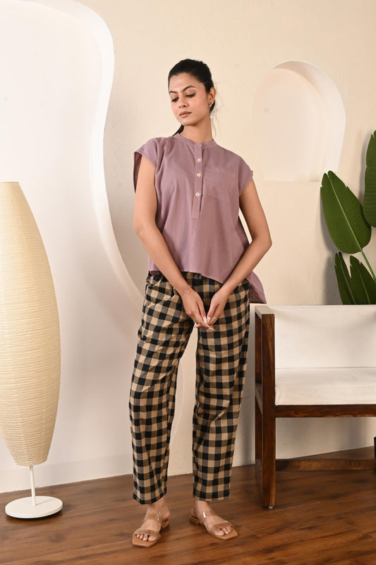 Violet Ash Sleeveless Top with Mandarin Collar and Half Button Placket