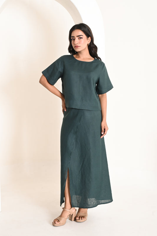 Deep Green Linen Front Slit Skirt