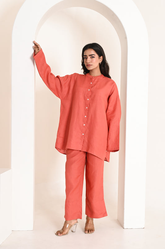 Terracotta Oversized Button-Down Linen Shirt
