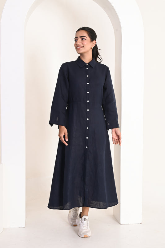 Navy Blue Button-Down Linen Shirt Dress