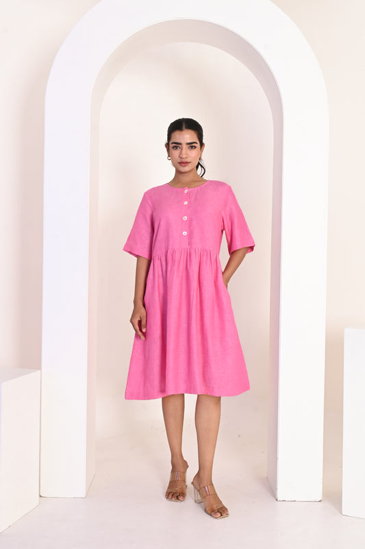 Bubblegum Pink Button Front Midi Dress with Half Sleeves