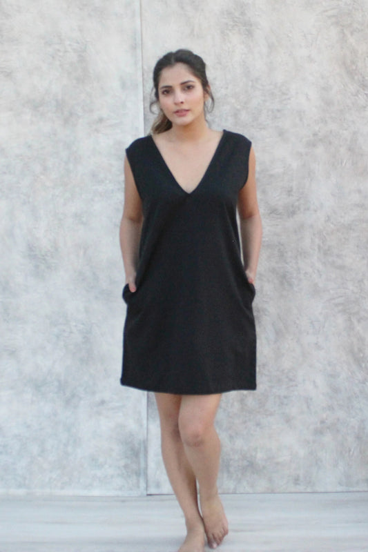 Black Sleeveless Mini Dress with Deep V-Neck and Pockets