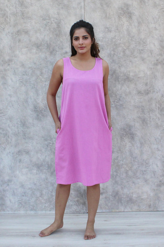 Dusty Pink Sleeveless Knee-Length Dress with Scoop Neck