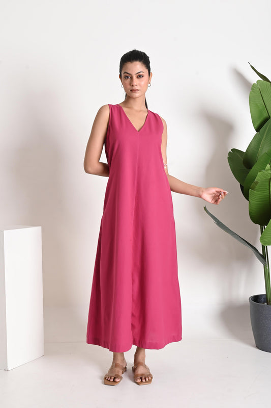 Raspbeery Pink Sleeveless Maxi Dress with V-Neckline