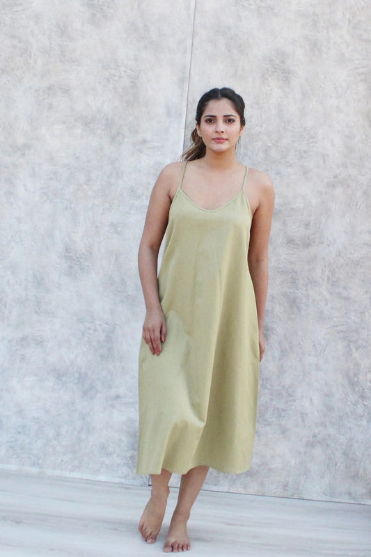Lime Olive Spaghetti Strap Midi Dress with Side Pockets
