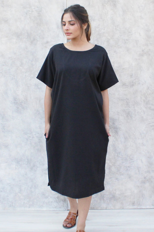 Black Midi Dress with Short Sleeves and Boat Neck