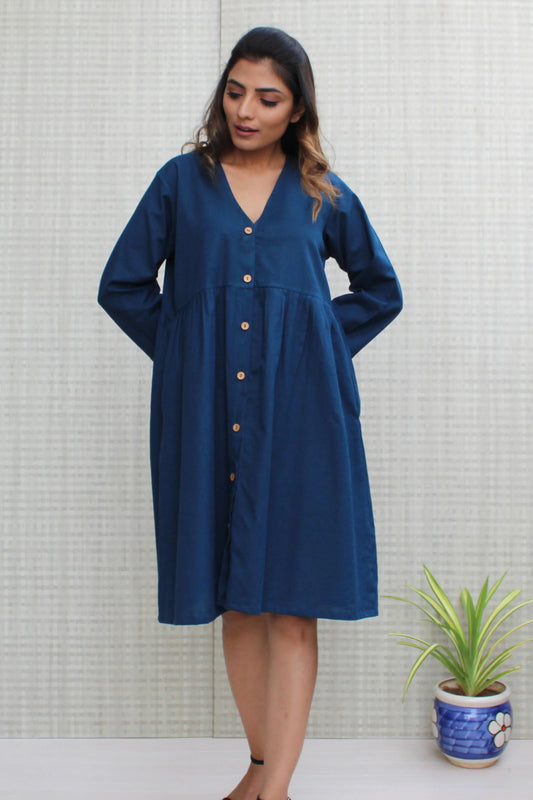 Blue Teal Knee-Length Button Down Dress with Gathered Waist and Waist Belt