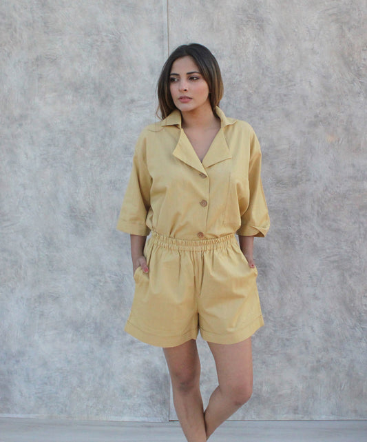 Buttermilk Yellow Relaxed Fit High Waist Shorts with Broad Hem and Elastic Waist