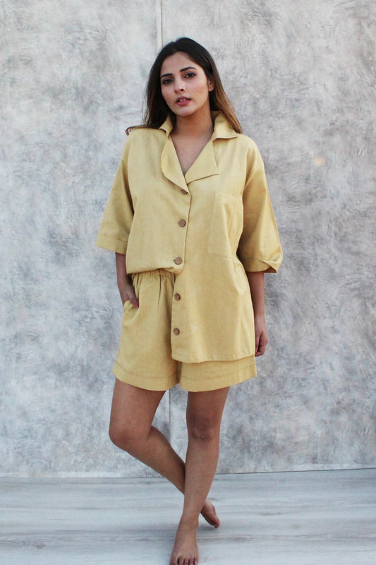 Buttermilk Yellow Oversized Shirt and High Waist Shorts Co-ord Set