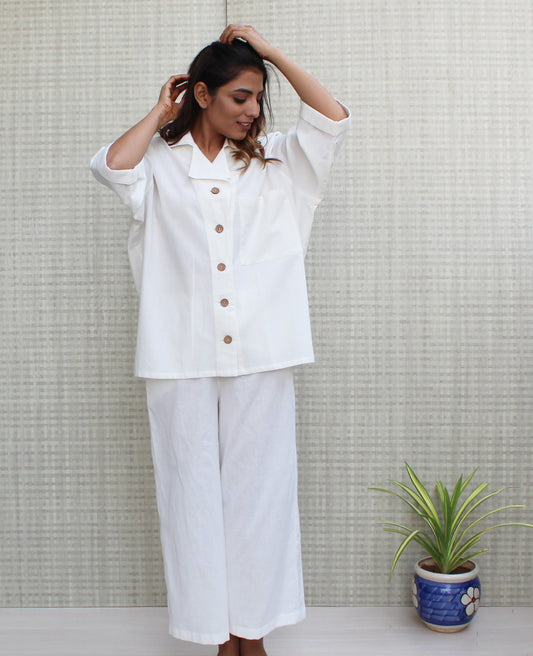 White Wide Leg Ankle Length Pants with Elastic Waistband