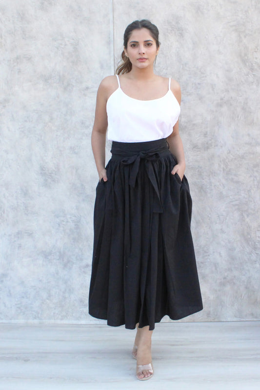 Black Mid-Calf Skirt with Waist Tie and Knife Pleats