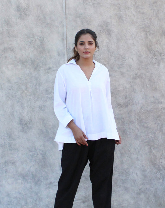 White Long-Sleeve Flared Shirt with Front Pleat Detail