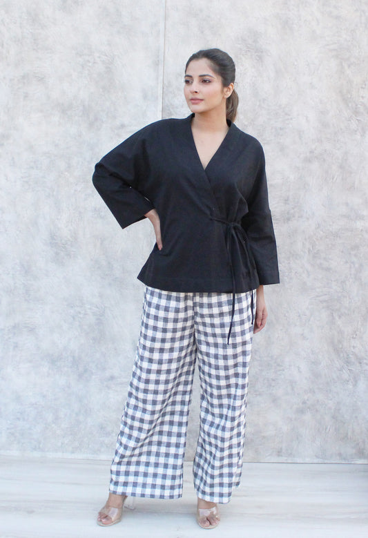 Black Wrap-Style Linen Top with Waist Tie and 3/4th Sleeves