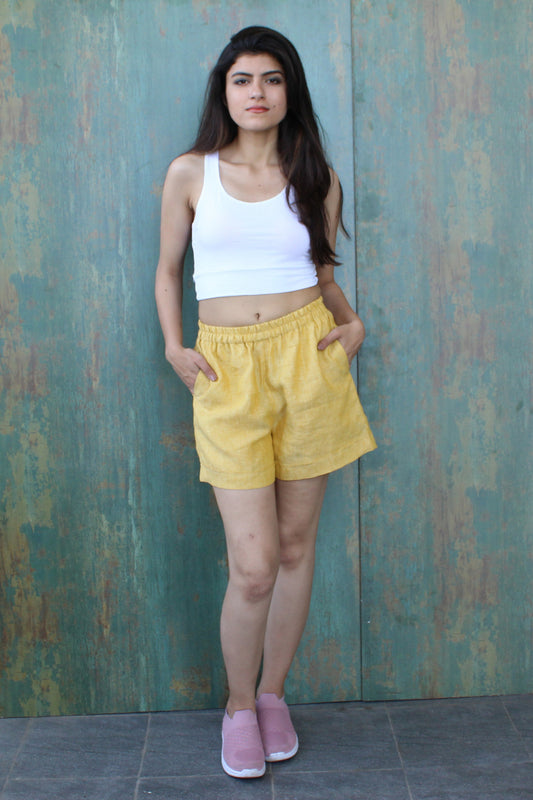 Honey High-Rise Linen Shorts with Elasticated Waistband and Side Pockets