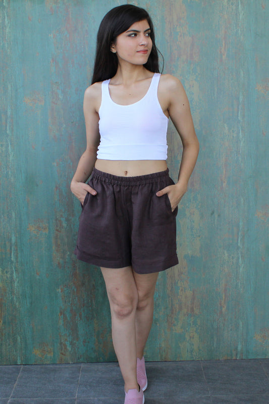 Brown High-Rise Linen Shorts with Elasticated Waistband and Side Pockets