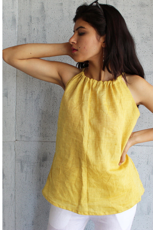 Honey Sleeveless Gathered Neck Linen Top