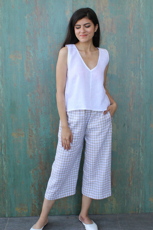 White Sleeveless V-Neck Linen Top