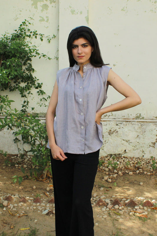 Light Grey Sleeveless Button Down Linen Top with Gathered Neckline