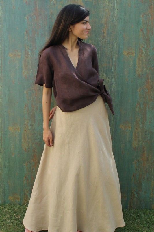 Brown Wrap Linen Top with Side Tie Closure