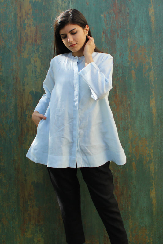 Sky Blue Flared Linen Shirt with Round Neck and Pleat Detailing