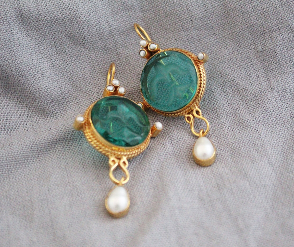 Green Intaglio Statement Earrings, Bridal Gold, photo 8