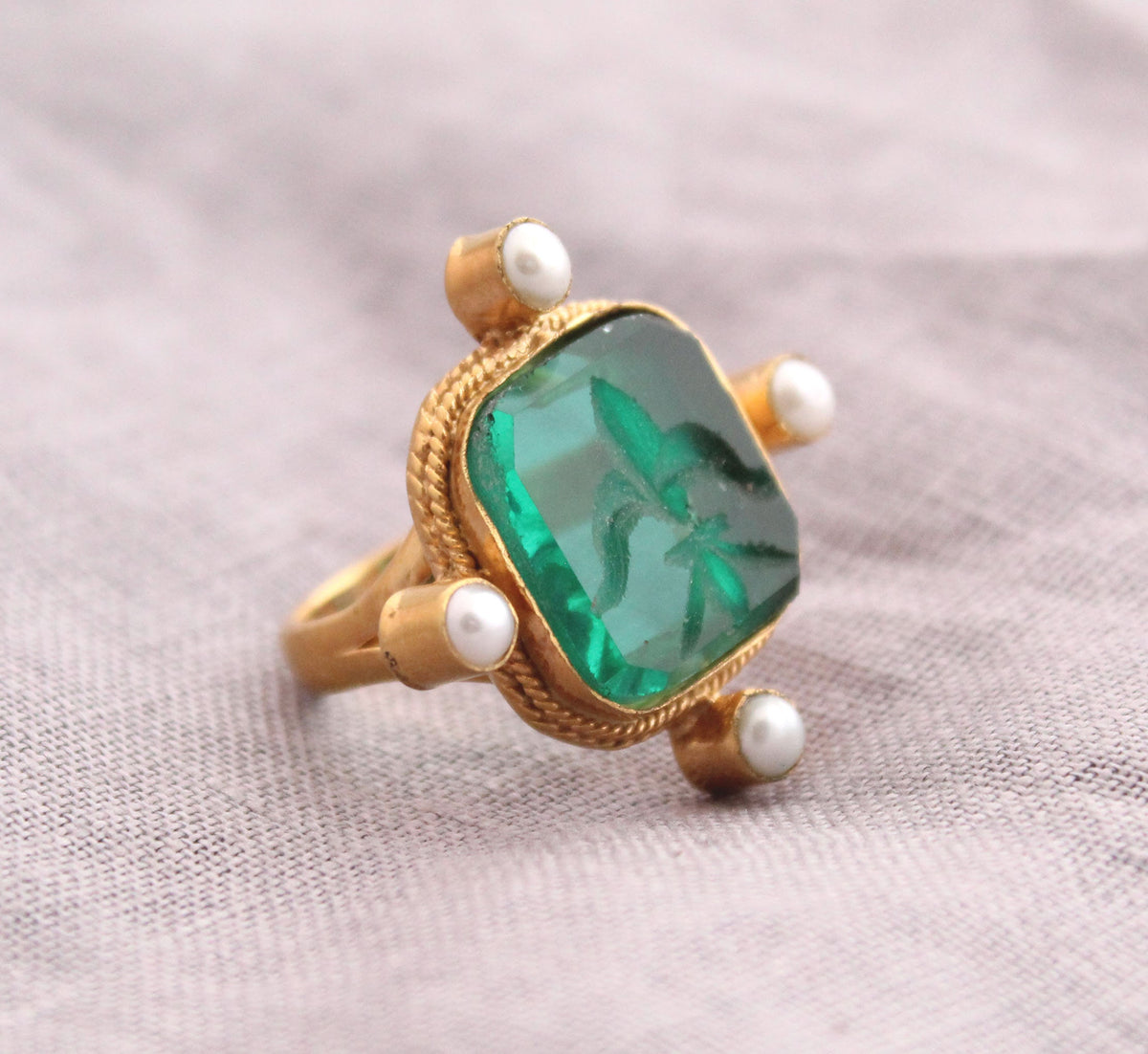 Green Intaglio Cocktail Ring, Roman Style, Gold Vermeil with Pearls, photo 2