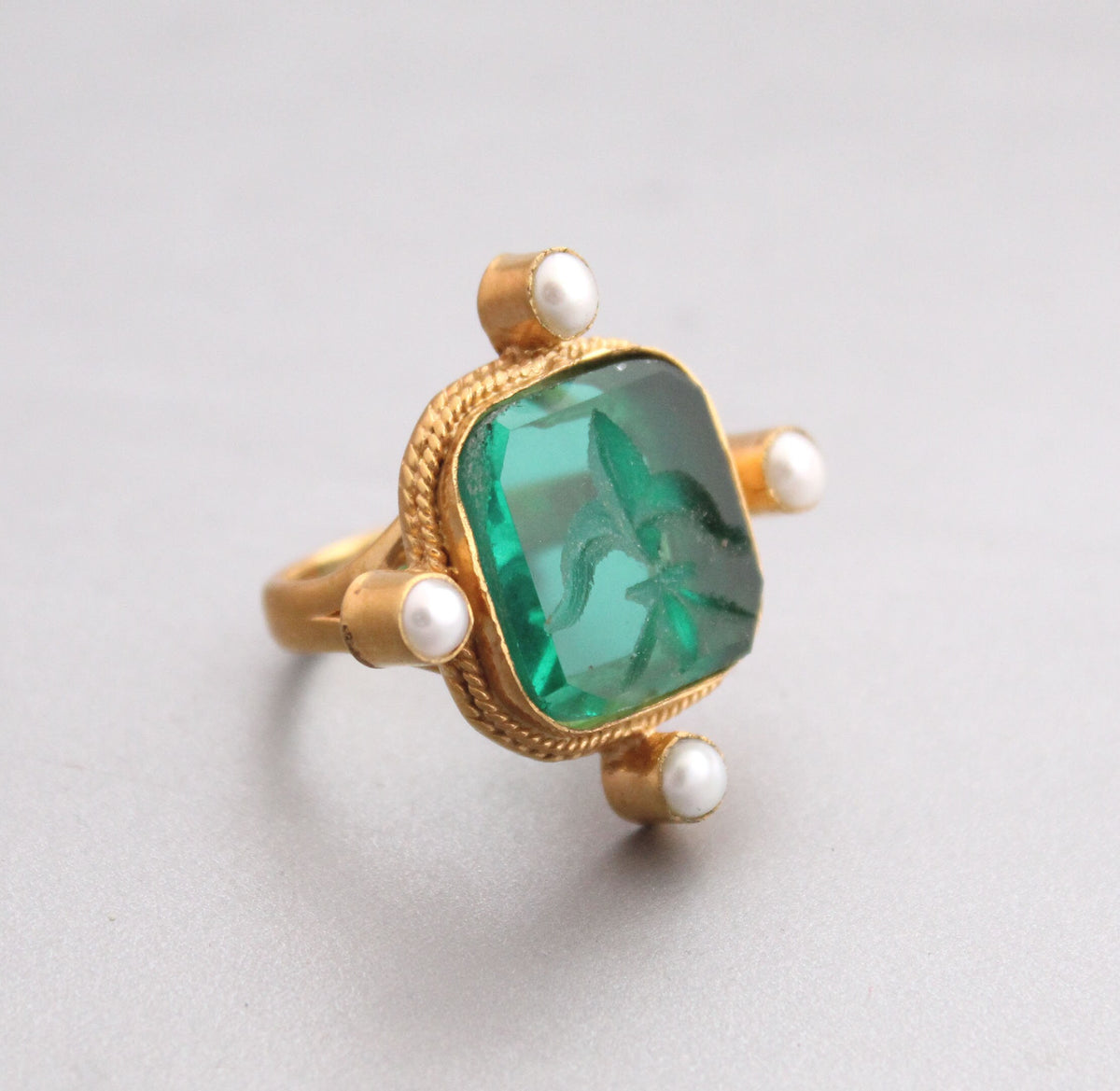 Green Intaglio Cocktail Ring, Roman Style, Gold Vermeil with Pearls, photo 3