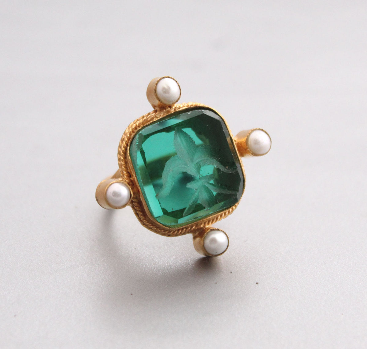 Green Intaglio Cocktail Ring, Roman Style, Gold Vermeil with Pearls, photo 5