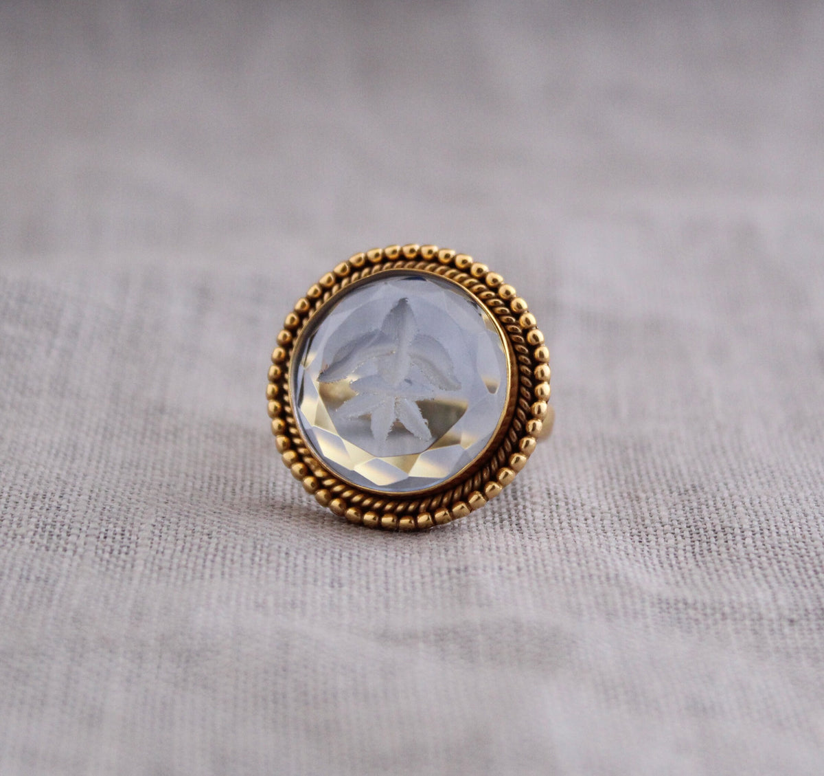 Blue Intaglio Cocktail Ring, Roman Style Carved Glass, Gold Plated, photo 4