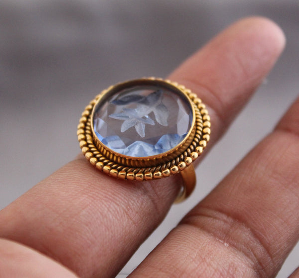 Blue Intaglio Cocktail Ring, Roman Style Carved Glass, Gold Plated